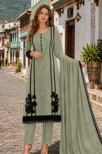 Mehendi organza suit with embroidery & cut sequin work