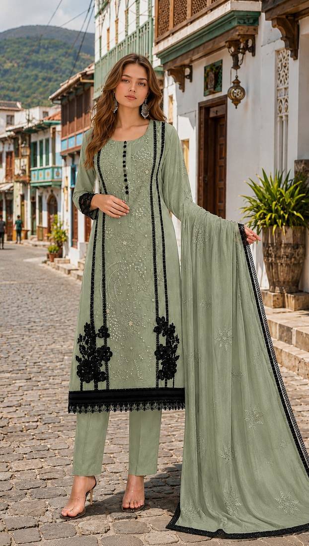 Mehendi organza semi stitched suit with embroidery & cut sequin work