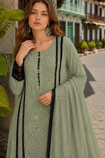 Mehendi organza suit with embroidery & cut sequin work