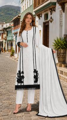 White organza semi stitched suit with embroidery & cut sequin work 1