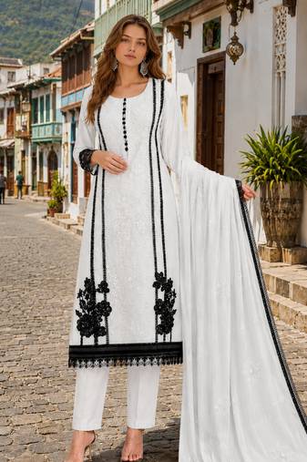 White organza semi stitched suit with embroidery & cut sequin work
