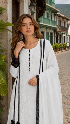 White organza semi stitched suit with embroidery & cut sequin work 2