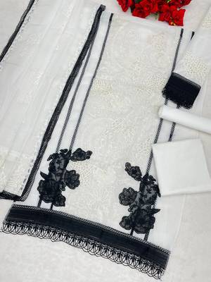 White organza semi stitched suit with embroidery & cut sequin work 3
