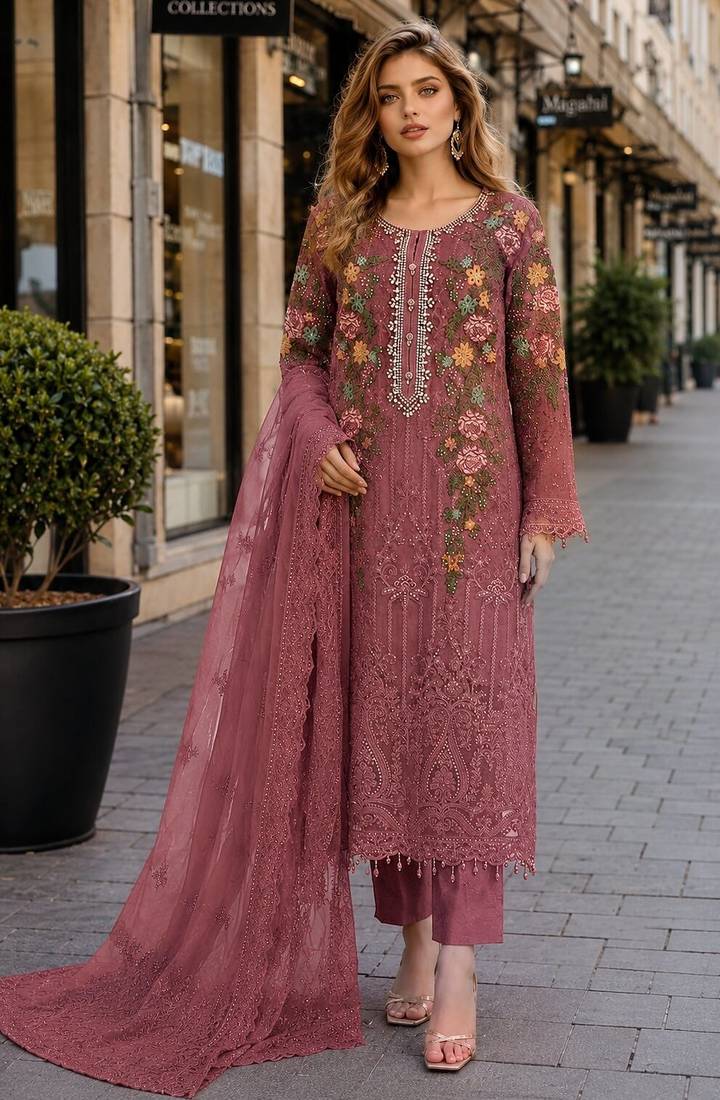 Purple silk semi stitched suit with embroidery & sequin work