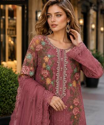 Purple silk semi stitched suit with embroidery & sequin work 2