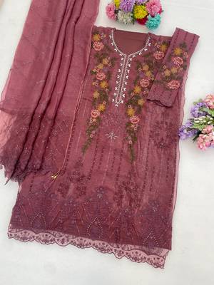 Purple silk semi stitched suit with embroidery & sequin work 3