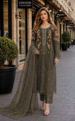 Mehendi silk semi stitched suit with embroidery & sequin work 1