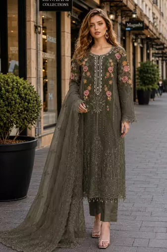 Mehendi silk suit with embroidery & sequin work