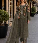 Mehendi silk semi stitched suit with embroidery & sequin work