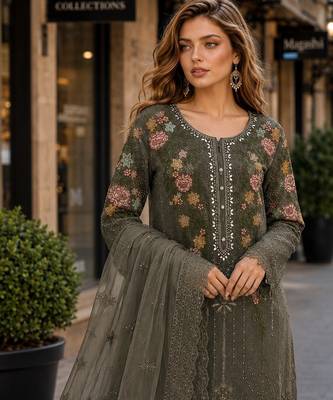 Mehendi silk semi stitched suit with embroidery & sequin work 2
