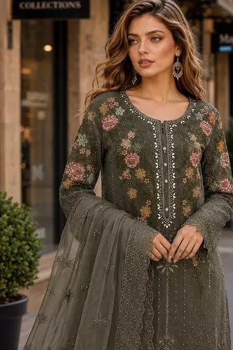 Mehendi silk suit with embroidery & sequin work