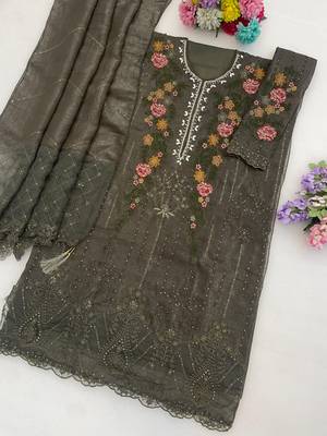 Mehendi silk semi stitched suit with embroidery & sequin work 3