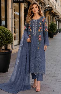 Blue silk semi stitched suit with embroidery & sequin work 1