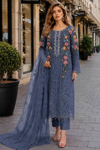 Blue silk suit with embroidery & sequin work