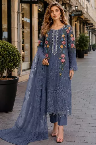 Blue silk suit with embroidery & sequin work