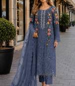Blue silk semi stitched suit with embroidery & sequin work