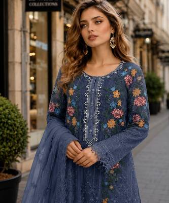 Blue silk semi stitched suit with embroidery & sequin work 2