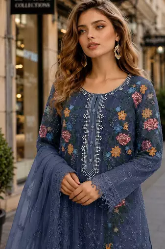 Blue silk suit with embroidery & sequin work