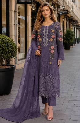 D lavender silk semi stitched suit with embroidery & sequin work 1