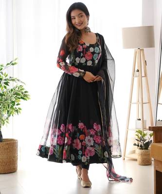Women's Gorgeous Floral Printed Organza Silk Fabric Flared Anarkali Pant and Dupatta Set 1