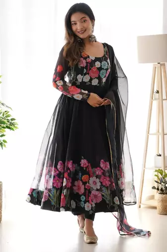 Women's Gorgeous Floral Printed Organza Silk Fabric Flared Anarkali Pant and Dupatta Set