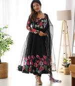Women's Gorgeous Floral Printed Organza Silk Fabric Flared Anarkali Pant and Dupatta Set