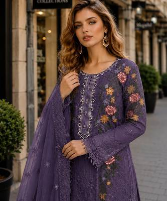 D lavender silk semi stitched suit with embroidery & sequin work 2