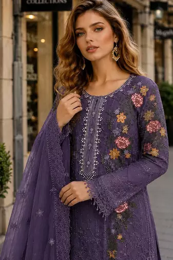 D lavender silk suit with embroidery & sequin work