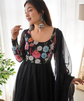 Women's Gorgeous Floral Printed Organza Silk Fabric Flared Anarkali Pant and Dupatta Set 2