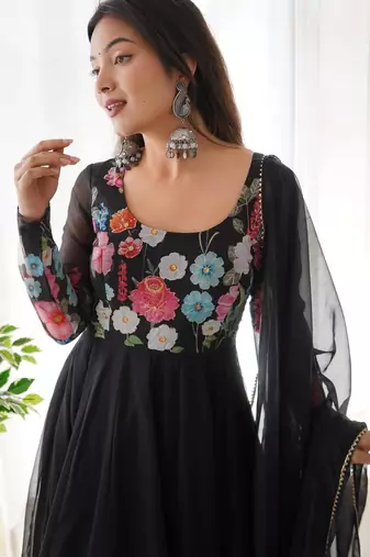 Women's Gorgeous Floral Printed Organza Silk Fabric Flared Anarkali Pant and Dupatta Set