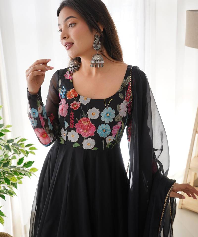 Women's Gorgeous Floral Printed Organza Silk Fabric Flared Anarkali Pant and Dupatta Set