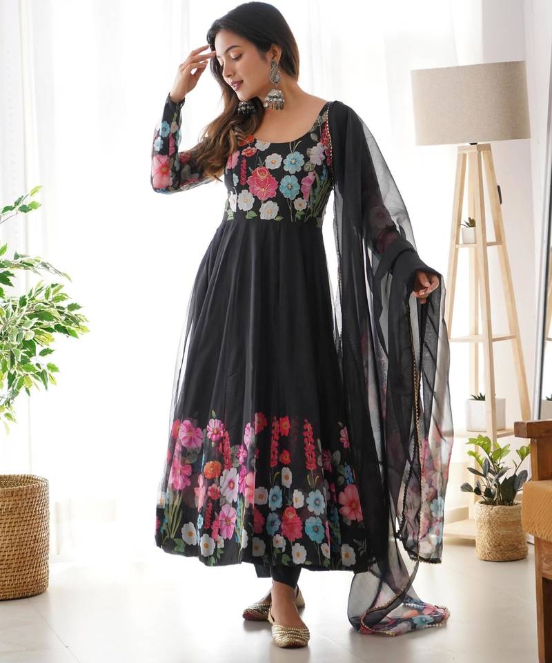 Women's Gorgeous Floral Printed Organza Silk Fabric Flared Anarkali Pant and Dupatta Set
