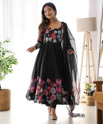 Women's Gorgeous Floral Printed Organza Silk Fabric Flared Anarkali Pant and Dupatta Set 5