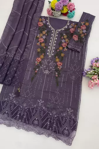 D lavender silk suit with embroidery & sequin work