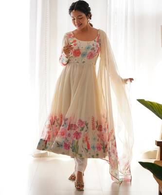 Women's Gorgeous Floral Printed Organza Silk Fabric Flared Anarkali Pant and Dupatta Set 1