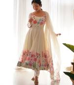 Women's Gorgeous Floral Printed Organza Silk Fabric Flared Anarkali Pant and Dupatta Set