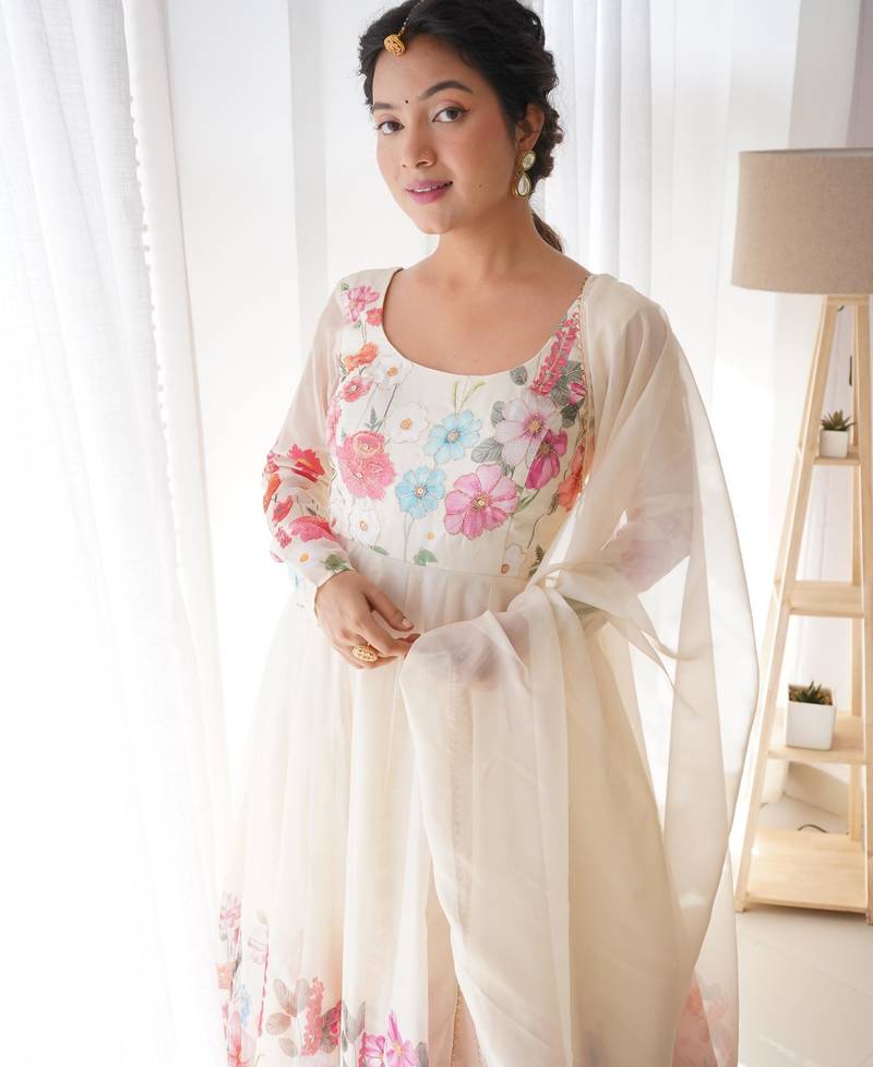 Women's Gorgeous Floral Printed Organza Silk Fabric Flared Anarkali Pant and Dupatta Set