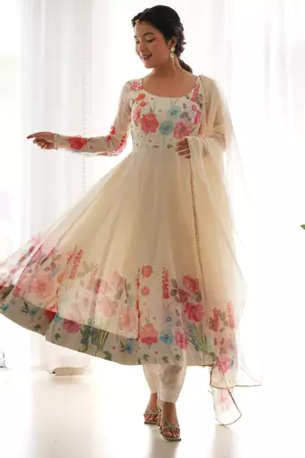 Women's Gorgeous Floral Printed Organza Silk Fabric Flared Anarkali Pant and Dupatta Set