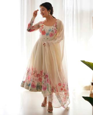Women's Gorgeous Floral Printed Organza Silk Fabric Flared Anarkali Pant and Dupatta Set 4