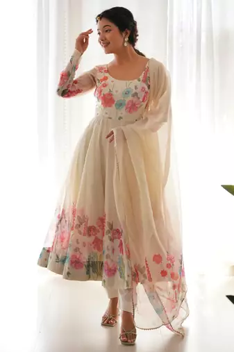 Women's Gorgeous Floral Printed Organza Silk Fabric Flared Anarkali Pant and Dupatta Set