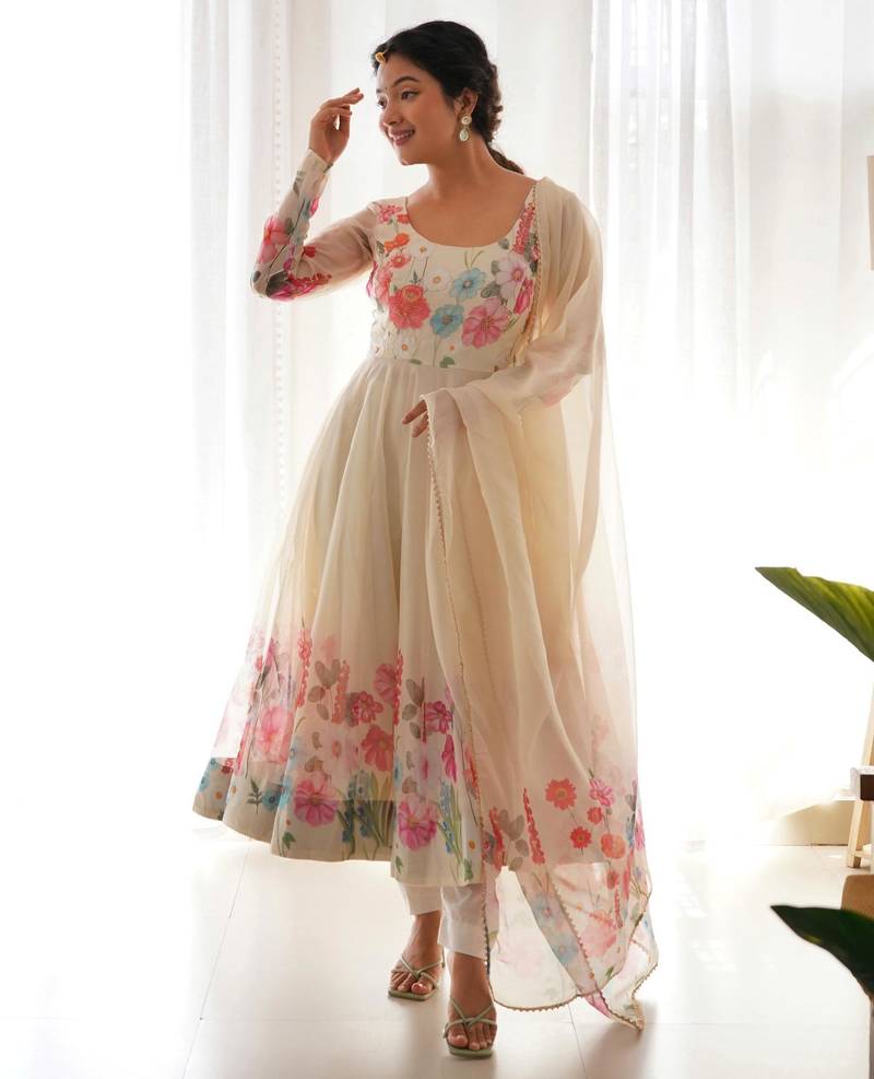 Women's Gorgeous Floral Printed Organza Silk Fabric Flared Anarkali Pant and Dupatta Set