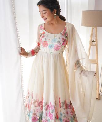 Women's Gorgeous Floral Printed Organza Silk Fabric Flared Anarkali Pant and Dupatta Set 5