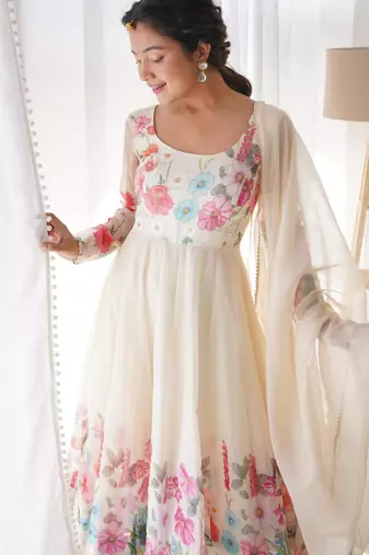 Women's Gorgeous Floral Printed Organza Silk Fabric Flared Anarkali Pant and Dupatta Set