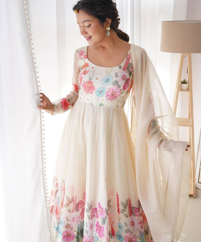 Women's Gorgeous Floral Printed Organza Silk Fabric Flared Anarkali Pant and Dupatta Set