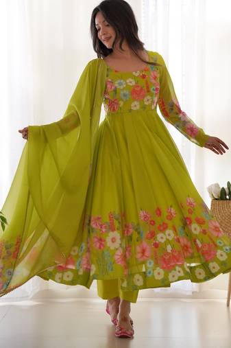 Women's Gorgeous Floral Printed Organza Silk Fabric Flared Anarkali Pant and Dupatta Set