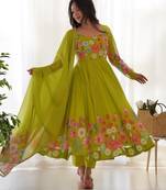 Women's Gorgeous Floral Printed Organza Silk Fabric Flared Anarkali Pant and Dupatta Set