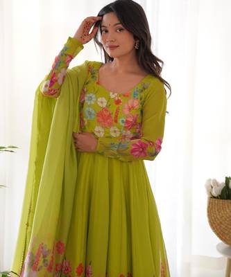 Women's Gorgeous Floral Printed Organza Silk Fabric Flared Anarkali Pant and Dupatta Set 2