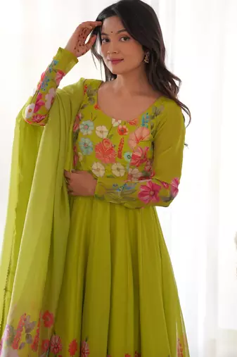 Women's Gorgeous Floral Printed Organza Silk Fabric Flared Anarkali Pant and Dupatta Set