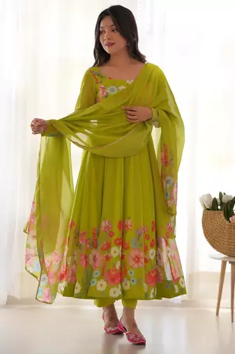 Women's Gorgeous Floral Printed Organza Silk Fabric Flared Anarkali Pant and Dupatta Set
