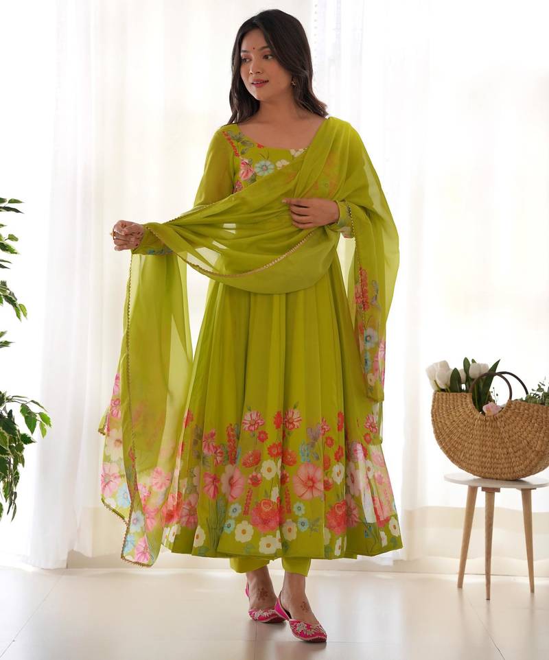 Women's Gorgeous Floral Printed Organza Silk Fabric Flared Anarkali Pant and Dupatta Set